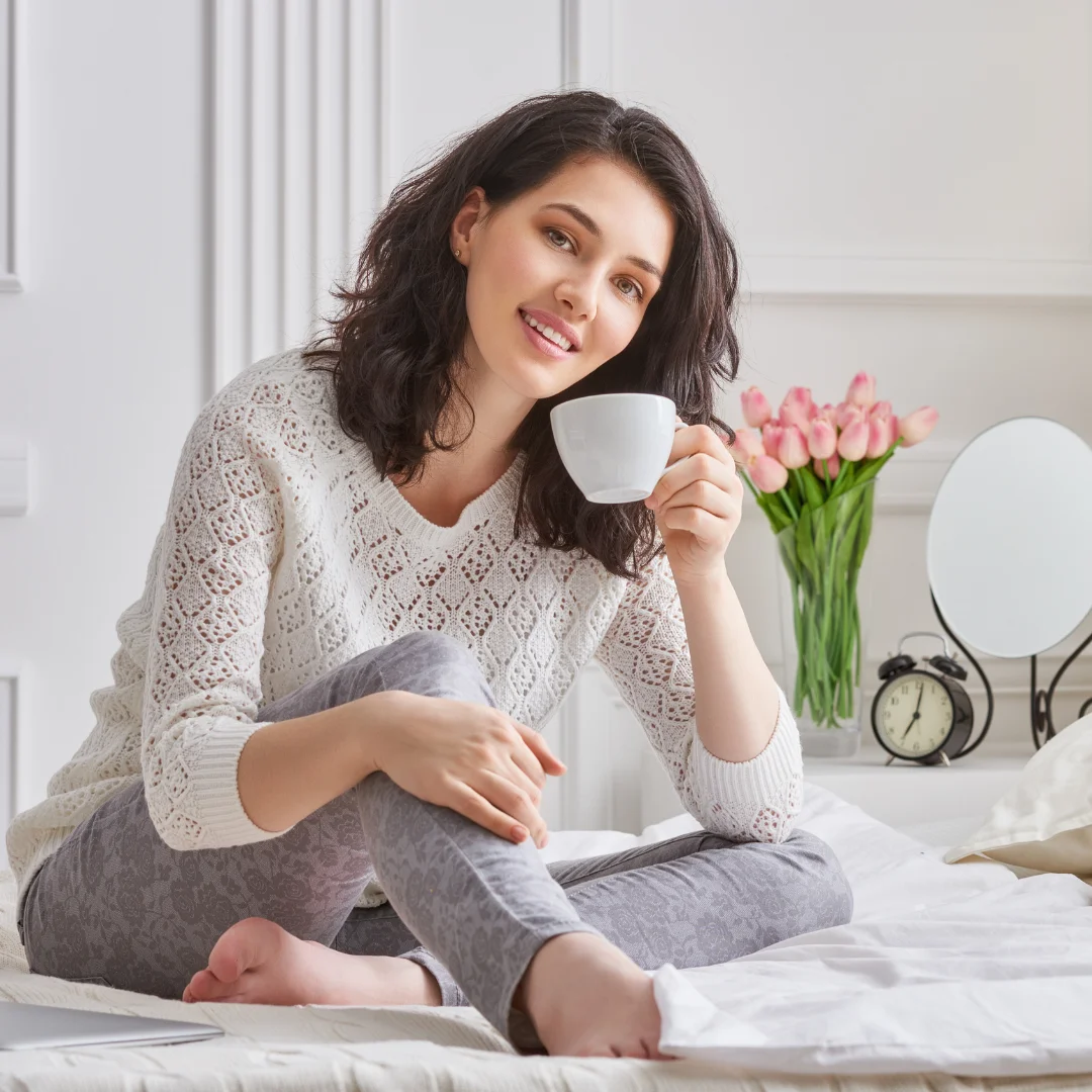 Woman comfortably resting at home during lip lift recovery period